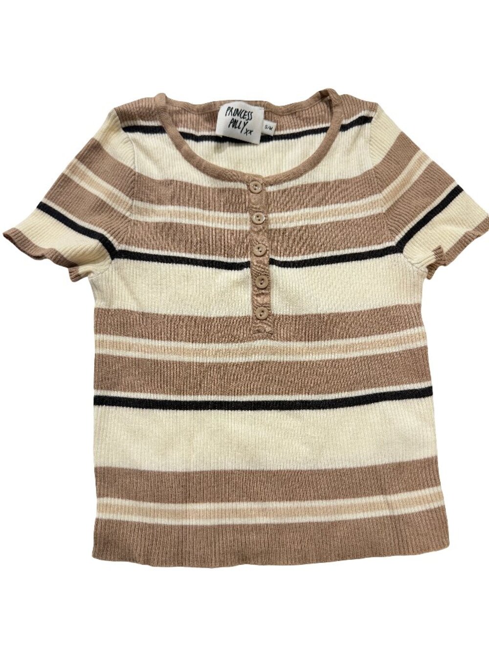 Princess Polly Brown Cream Striped Knit Henley Shirt Top Sleeve Medium Women's